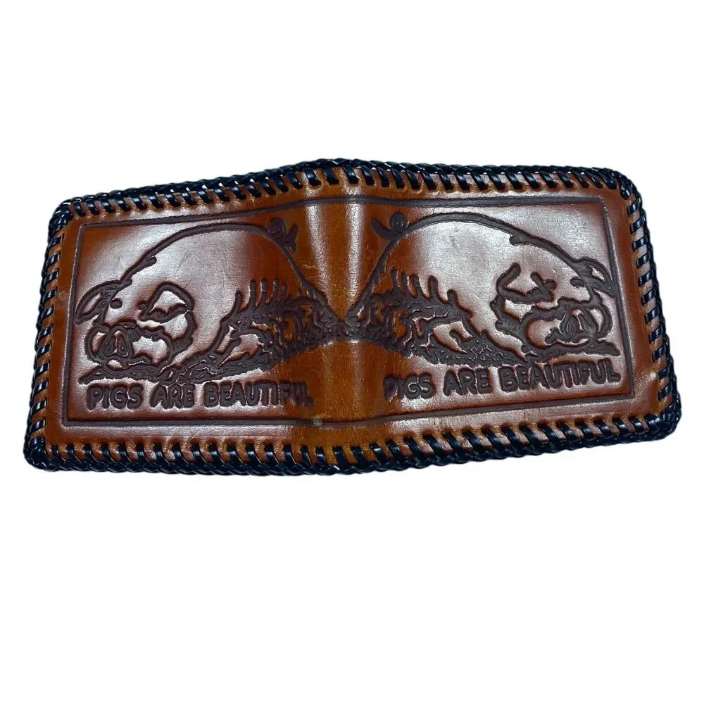 Vtg 1970 Hand Tooled Leather Bifold Wallet Pigs Are Beautiful Whipstitch Western